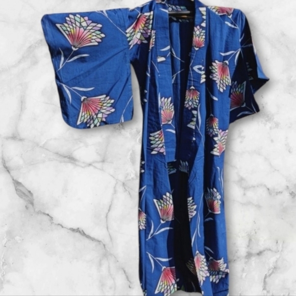 Blue Unisex Kimono; Slate Blue with Multicoloured Lotus Flower Design. - Picture 5 of 11